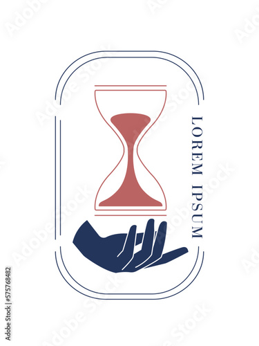 Female boho hand with hourglass. Passage of time, esotericism and mysticism. Magic and sorcery. Minimalistic creativity and art. Poster or banner for website. Cartoon flat vector illustration