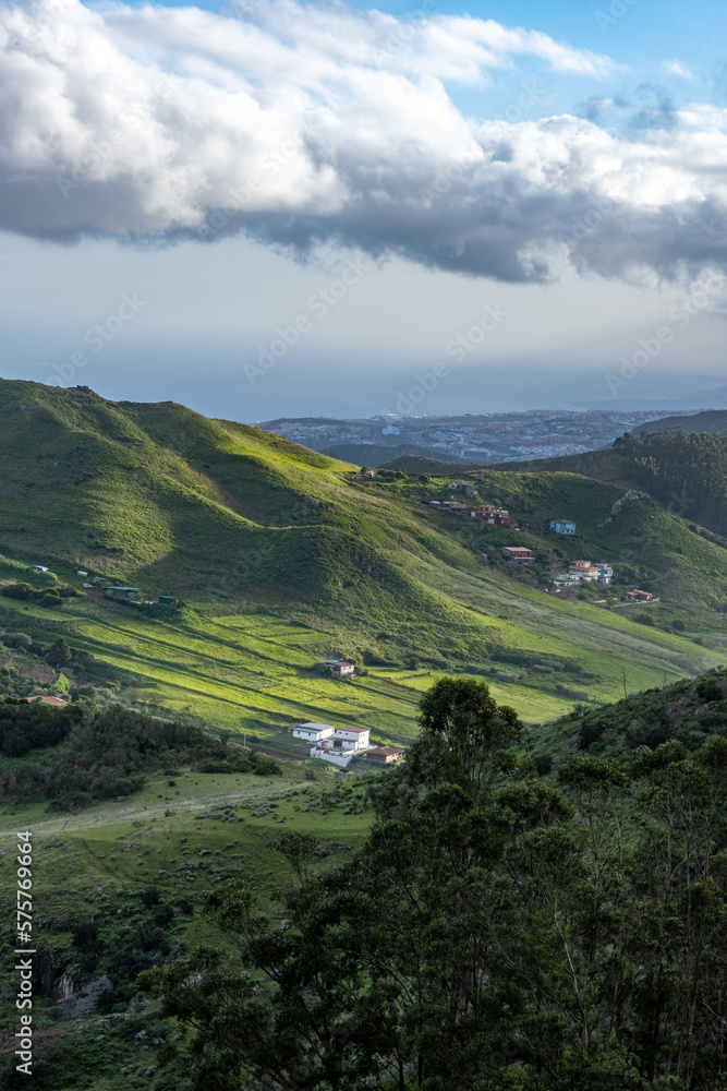 Beautiful landscape of small village in green fields of mountains of tenerife, canarias, spain