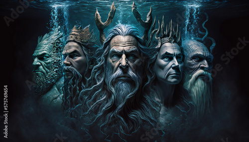 Group of German gods underwater- Mythologies - Generative AI © The_AI_Revolution