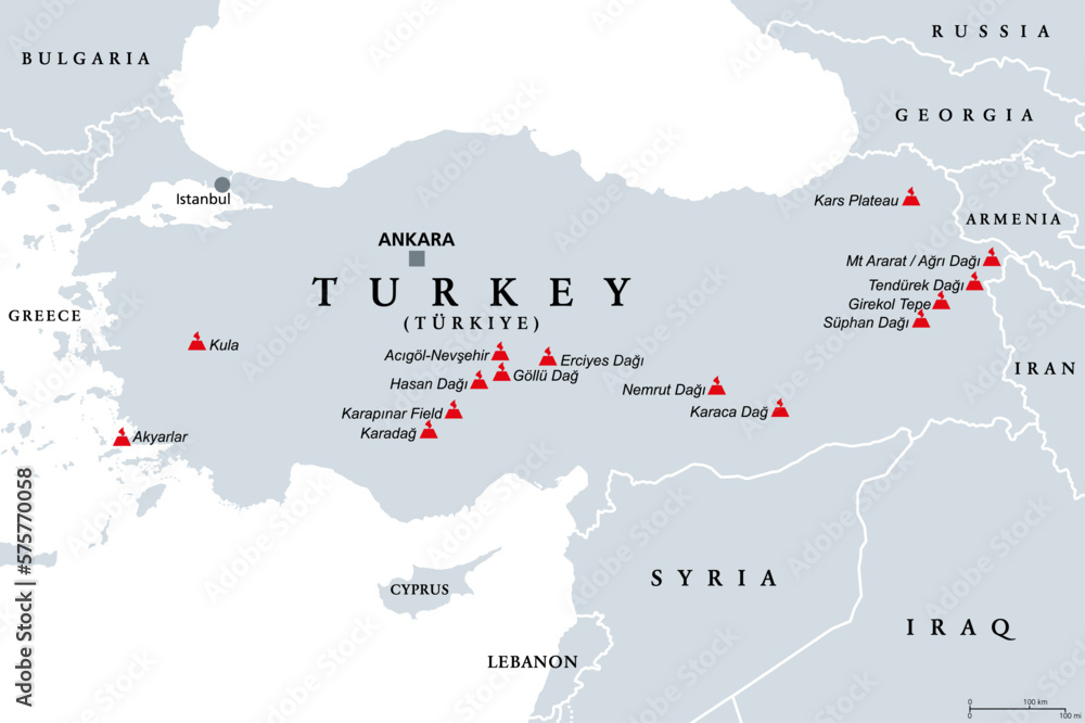 Obraz premium Turkey, dormant and extinct volcanoes in Anatolia, political map. The shield volcano Tendurek in eastern Turkey erupted in the year 1855. It was the latest eruption that occurred in Turkey. Vector.