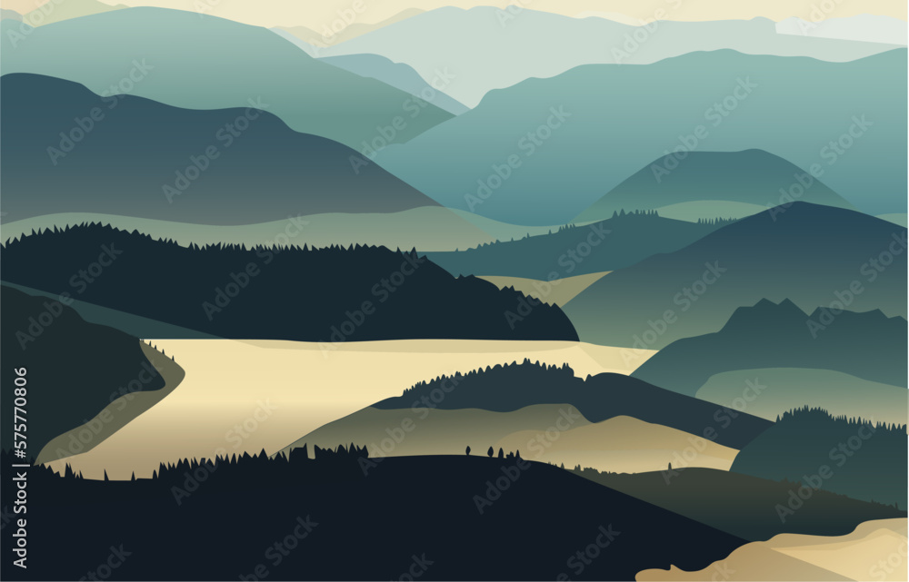 Beautiful mystical mountain hills in Ukraine. Vector graphics on the theme of mountains