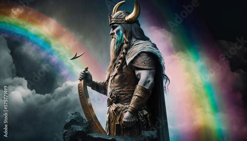 Heimdall the watchman of the gods  standing guard over Bifrost  the rainbow bridge - German Mythologies - Generative AI