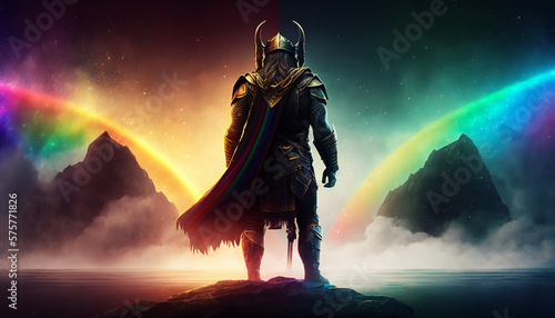 Heimdall the watchman of the gods, standing guard over Bifrost, the rainbow bridge - German Mythologies - Generative AI © The_AI_Revolution