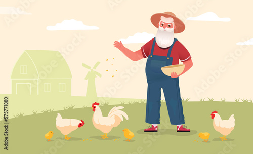 Farmer and chicken. Man feeds pets on farm, agriculture. Senior against background of windmill and barn. Breeding hen for food. Agribusiness and nature. Cartoon flat vector illustration