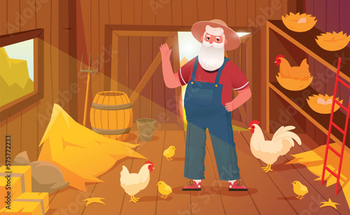 Farmer in chicken coop. Elderly man in barn with wheat looks at domestic animals, breeds birds for food. Agribusiness, rural areas and farming, barnhouse on farm. Cartoon flat vector illustration