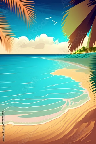 Sandy beach with palm trees. Sea gulf in the Tropics. Vector background for design - generative ai