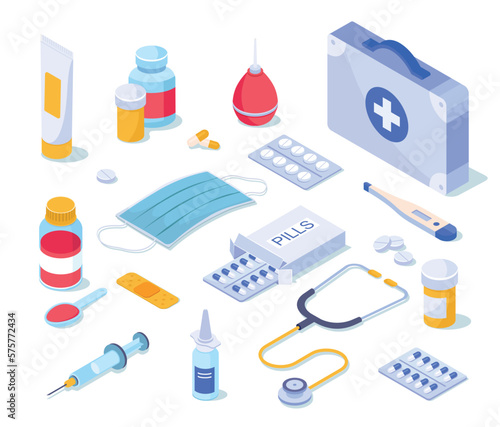 Firs aid kit items set. Collection of drugs and pills. Syringe, stethoscope and thermometer. Medicine mask, cream and syrup, enema. Cartoon isometric vector illustrations isolated on white background