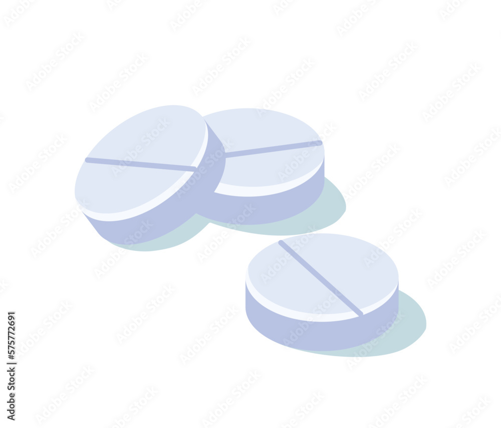 First aid pills concept. White medicine, tablets and drugs for pain relief. Pharmaceuticals for treating patients, part of medical kit. Cartoon isometric vector illustration First aid pills concept. White medicine, tablets and drugs for pain relief. Pharmaceuticals for treating patients, part of medical kit. Cartoon isometric vector illustration