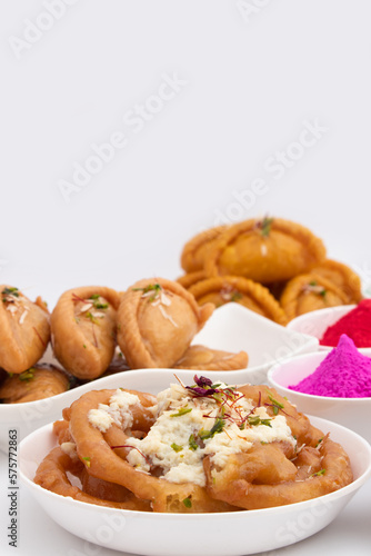 Rabdi Jalebi Also Called Rabri Jilebi, Jilapi, Jilipi, Zulbia, Zalebi, Mushabak Is Dessert Made Of Fermented All Purpose Flour Maida, Besan Fried In Desi Ghee Dunked In Sugar Syrup Cheeni Ki Chasni photo