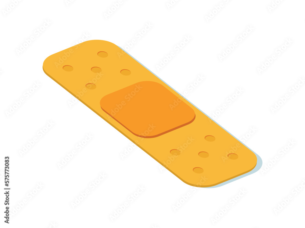 First aid patch. Medical equipment for treatment of scratches and open wounds. Auxiliary bandage, adhesive plaster for medical skin care. Cartoon isometric vector illustration First aid patch. Medical equipment for treatment of scratches and open wounds. Auxiliary bandage, adhesive plaster for medical skin care. Cartoon isometric vector illustration