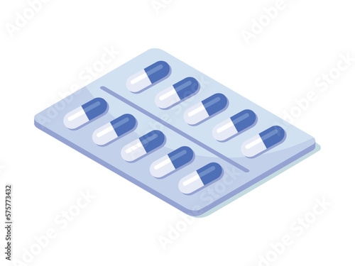 First aid pills. White and blue drugs in silver plastic blister. Pain medication, treatment and medical care. Pharmacy and hospital. Cartoon isometric vector illustration © Rudzhan