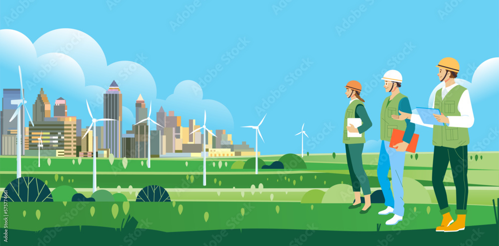 Environmental researchers inspect the impact of using renewable energy in the modern city landscape with lots of green areas