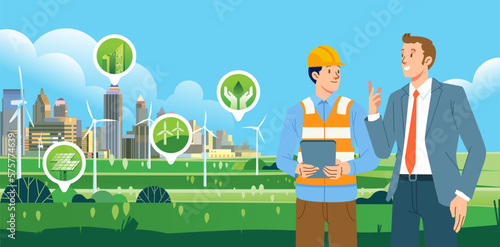 businessmen and contractors discussing the development of environmentally friendly sustainables energy alternatives for modern cities with green energy icon