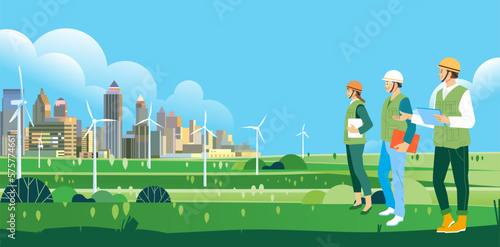 Environmental researchers inspect the impact of using renewable energy in the modern city landscape with lots of green areas