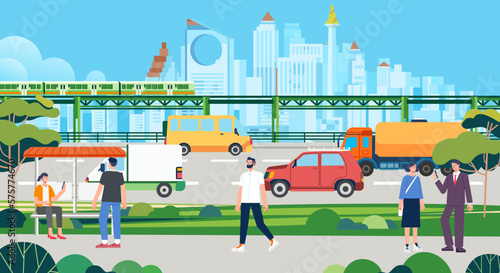 City life train monorail Cars on city road People walking with chat activity on street. Urban infrastructure modern futuristic city landscape and transport traffic