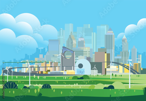 Future city futuristic Modern architecture towers and skyscrapers and green plants along empty road green smart city landscape illustration