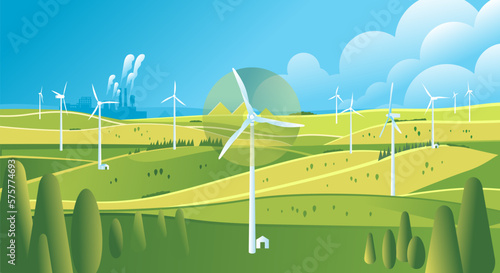 Landscape with wind turbines windmills Sustainable renewable green energy concept Scenery with eco-friendly electricity resources field mountain hills summer