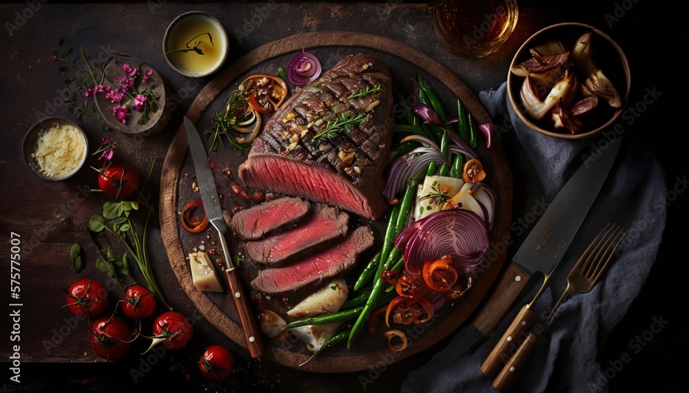 Fototapeta premium A medium-rare steak with tender pink center. AI generative.