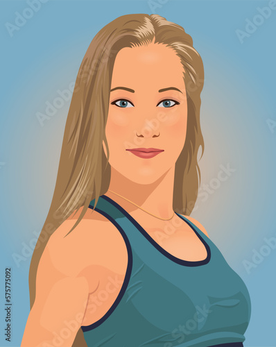 A stylized portrait of a young beautiful blonde girl in a blue tank top. Vector illustration, eps 10.