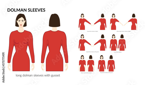 Set of Dolman sleeves Magyar clothes - long, elbow, with gusset length technical fashion illustration with fitted body. Flat apparel template front, back sides. Women, men unisex CAD mockup