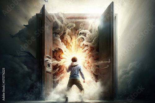 The power of extroversion unleash your potential, Teenager standing near opened door with fire power, concept of Self-Confidence and Optimism, created with Generative AI technology photo