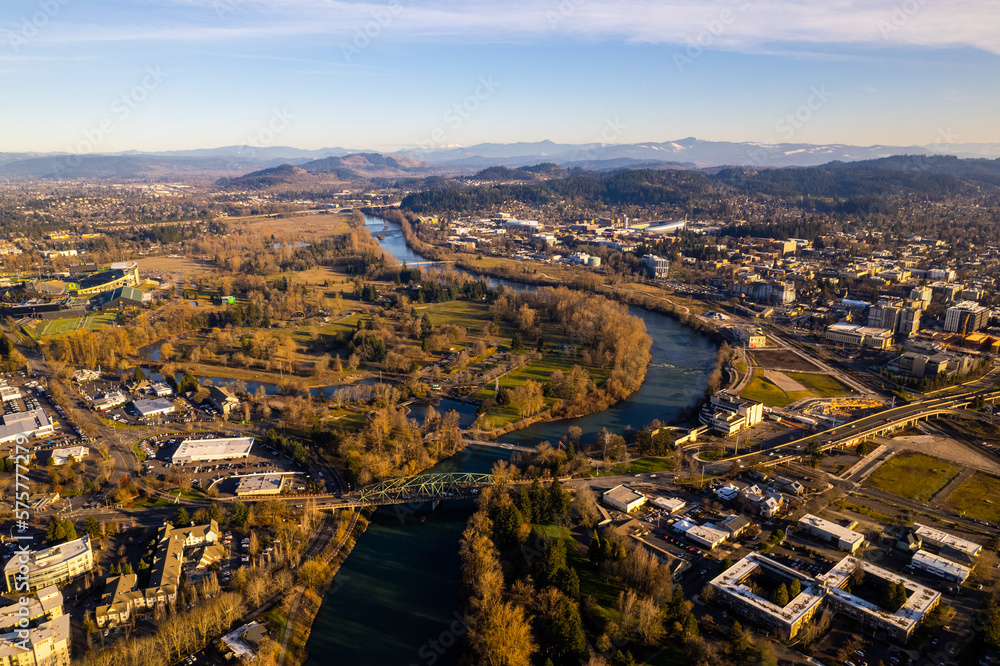 aerial view over the Willamette river and Eugene Oregon 