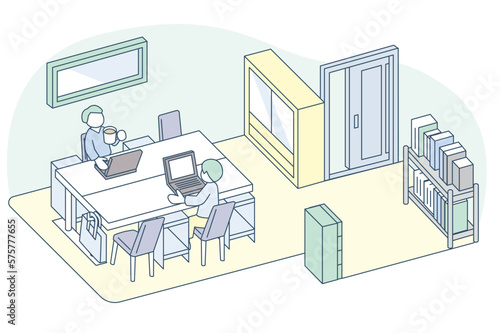 建物の中の仕事部屋。PC作業する人々