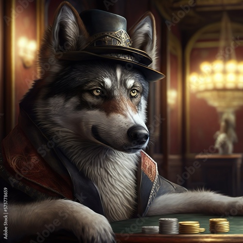 Wolf mit tollem Hut spielt Poker photo