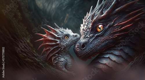 Dragon mother and her baby, close up of them together bonding.  Fantasy image created with generative ai.  © touchedbylight