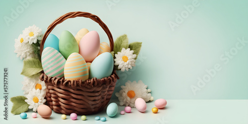Easter Holiday Background with Basket of Easter Eggs