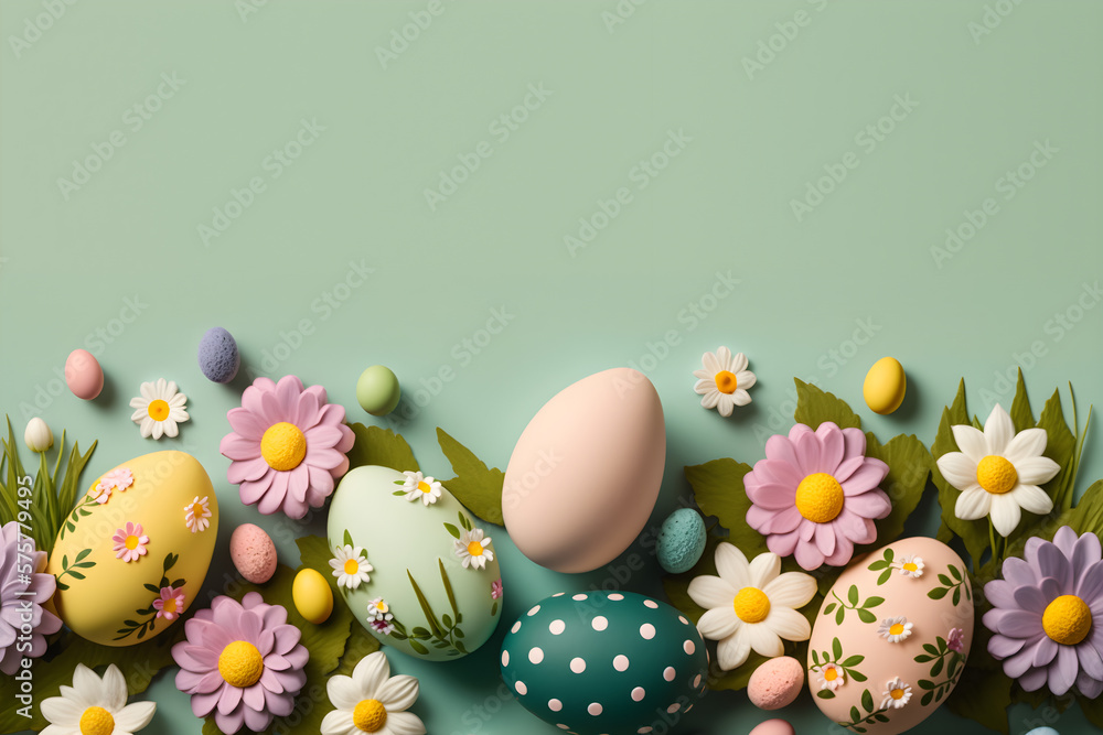Easter Holiday Background with Painted Easter Egg and Flowers Easter Holiday Background with Painted Easter Egg and Flowers
