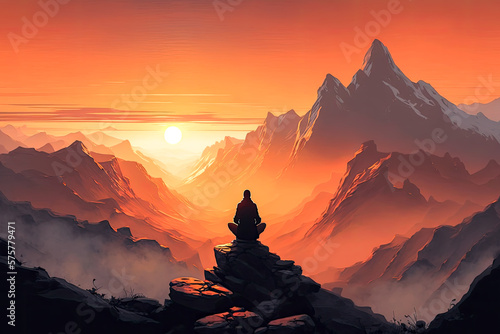 The silhouette of a person sitting cross-legged and meditating on a mountaintop at sunrise, surrounded by mist and the sounds of nature, AI generated illustration