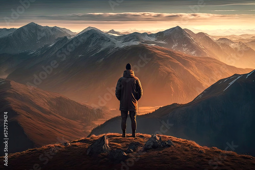 A person standing on a mountaintop, looking out at the panoramic view of rolling hills and distant mountains, AI generated illustration