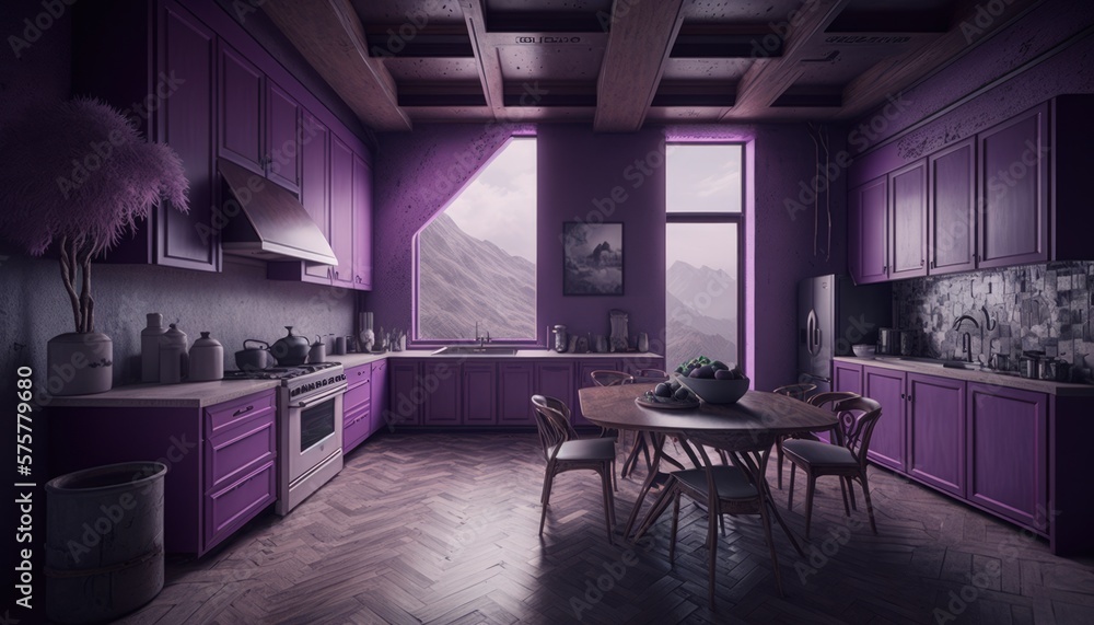 interior of a purple kitchen at house. Scene view at tall windows, generative ai. Epic old luxury, tall ceilings interior of a purple kitchen at house. Scene view at tall windows, generative ai. Epic old luxury, tall ceilings
