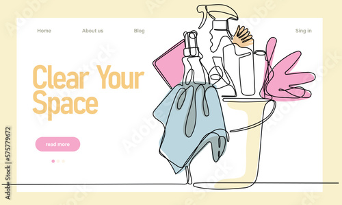 Home cleaning service landing page design concept, illustration of janitors with cleaning tools. Vector illustration