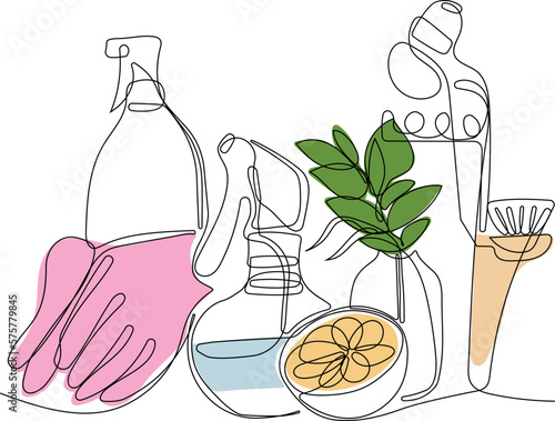 Continuous one line drawing of bottles for liquid laundry detergent, bleach, fabric softener, dishwashing liquid or another cleaning agent. Easy to place your text and brand logo. Vector illustration