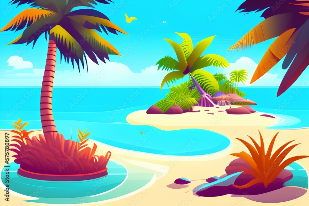 Tropical island in the ocean sea. Exotic natural landscape. Summer vacation. Vector illustration - generative ai