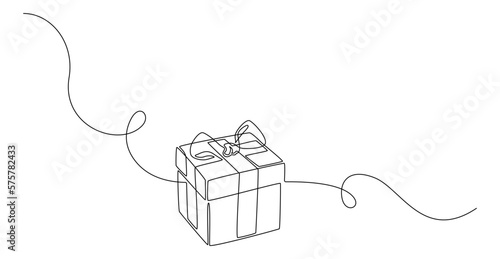 One Continuous line drawing of Christmas Present box with ribbon and bow. Festive gift and Wrapped birthday surprise package in simple linear style. Doodle editable stroke vector illustration