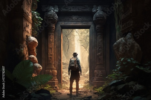 Explorer at ancient temple door in forest, temple lost in the jungle, Generative AI  © Kaleb