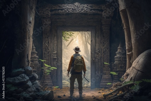Explorer at ancient temple door in forest, temple lost in the jungle, Generative AI
 photo