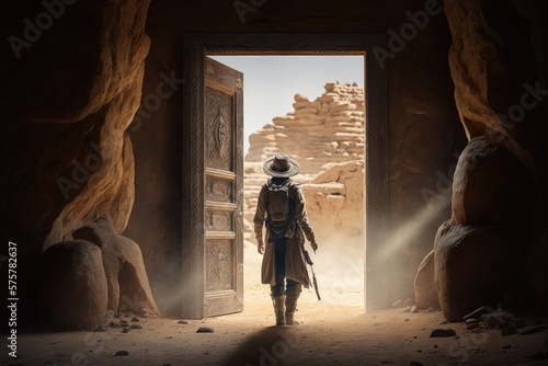 Archaeologist at ancient temple door in desert, Generative AI photo
