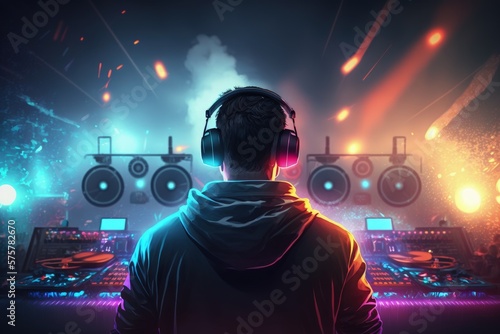 DJ playing at a party, DJ from the back playing at a club with lights, Generative AI
