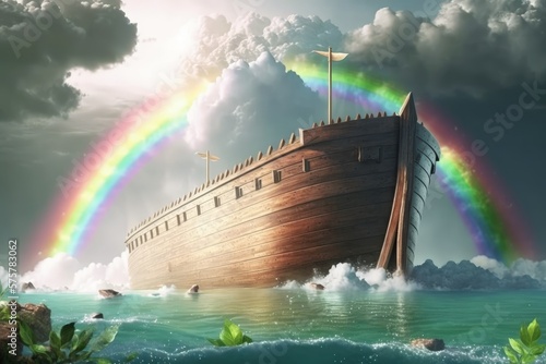 Obraz na plátne Noah's Ark in the water and rainbow in the background, Generative AI