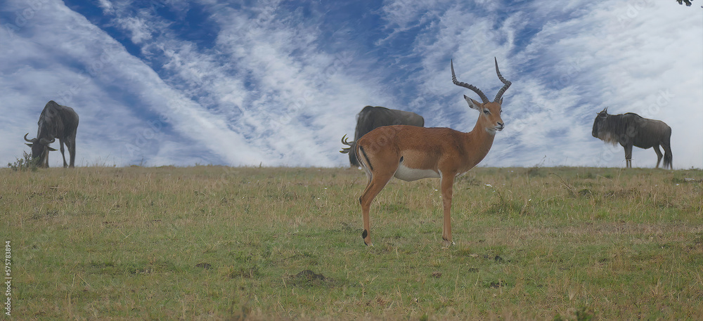 Naklejka premium Impala and White bearded wildebeest in Maasai Mara