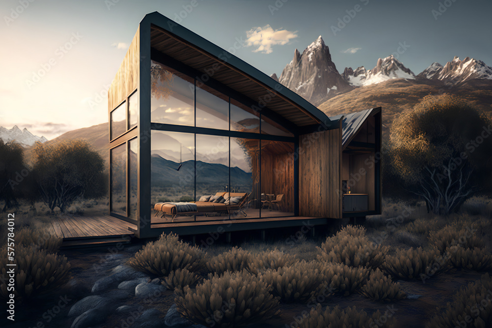 Image showcasing eco-home, seamlessly blends sleek and minimalist design with natural ...