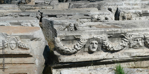 Sculpted Greek masks recovered from the ruins of the theater