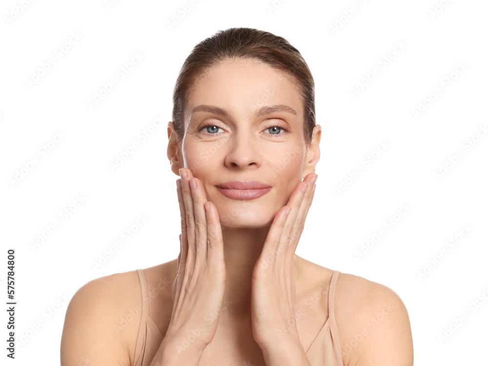 Woman massaging her face on white background Woman massaging her face on white background