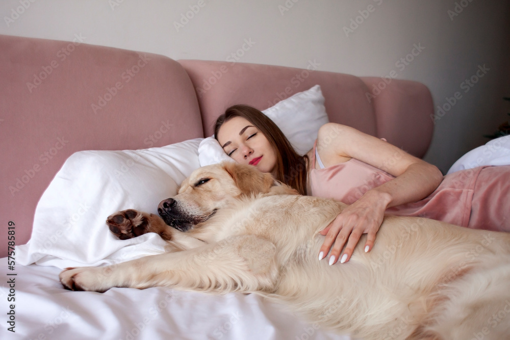 girl in pajamas sleeps in bed with golden retriever dog, woman lies under blanket with pet and dreams girl in pajamas sleeps in bed with golden retriever dog, woman lies under blanket with pet and dreams