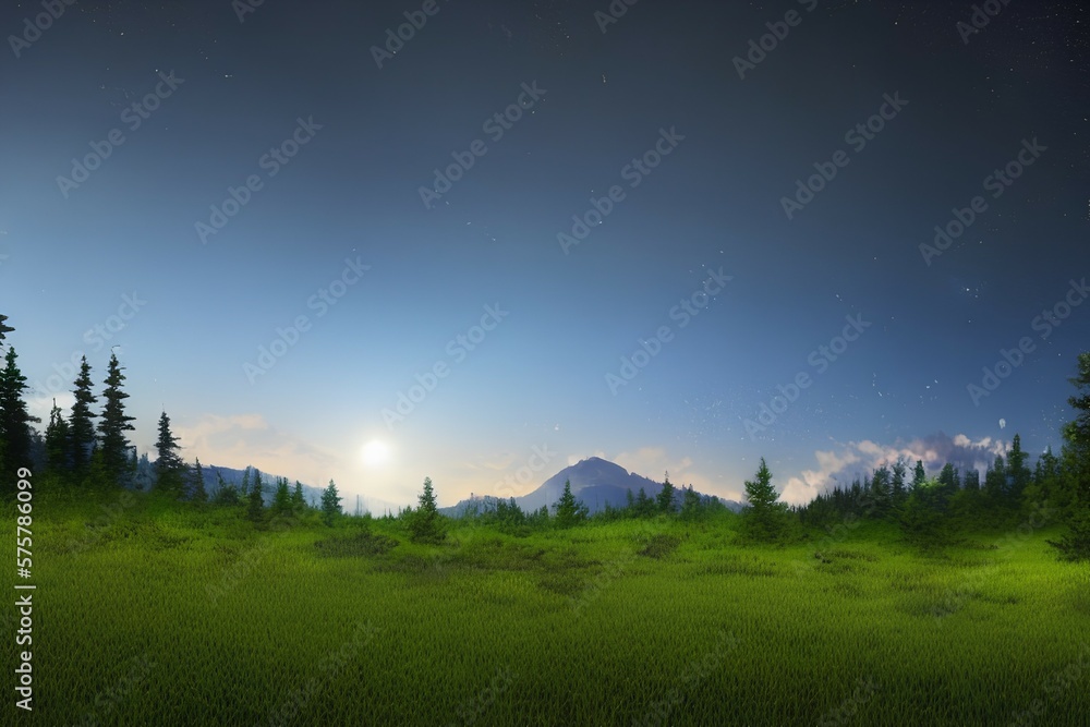 Wide grasslands with pine trees and mountains alternate in background.moon night bright stars are filling the sky. Night mountain scenery with fireflies flying above the ground - generative ai