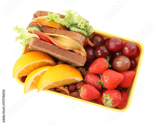 Lunch box with healthy food for schoolchild isolated on white, top view